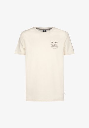 Kratka majica iz bombaža v kremni barvi s krožnim ovratnikom, ki na levem prsnem delu vsebuje sivo natisnjeno grafiko motocikla in ime blagovne znamke.