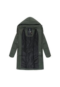 Zelena puhovka s kapuco, notranjost je črna z zaponkami na pritrditev. Zunanjost je gladka z rahlo sijočo teksturo.