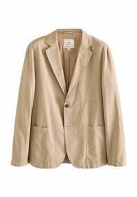 Blazer en coton beige avec une fermeture à un bouton, des revers crantés, deux poches avant et une coupe légèrement décontractée. Texture lisse.