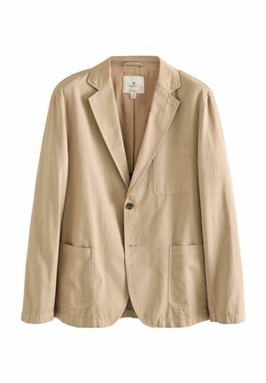 Blazer en coton beige avec une fermeture à un bouton, des revers crantés, deux poches avant et une coupe légèrement décontractée. Texture lisse.