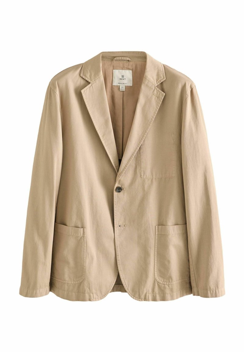 Blazer en coton beige avec une fermeture à un bouton, des revers crantés, deux poches avant et une coupe légèrement décontractée. Texture lisse.