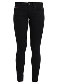 Svart denim skinny jeans med en slät textur, med femfickorsdesign, knappstängning och minimal kontrasterande söm.