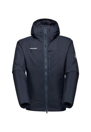 Marineblauwe geïsoleerde hooded jas met een voorrits, een ritszak op de borst en het "MAMMUT" logo op de linkerborst en een mouwpatch.