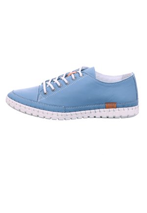 Light blue low-top sneaker with white laces, detailed stitching, and textured white sole, viewed from the outer side.