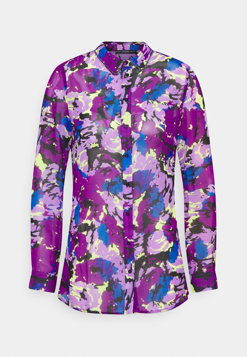 Chemise à manches longues avec col et boutons, ornée d'un motif floral abstrait éclatant aux couleurs violet, bleu, noir et jaune clair.
