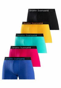 Colorful men's boxer shorts set by bruno banani, featuring black, yellow, turquoise, pink, and blue. Smooth fabric with contrasting waistbands.