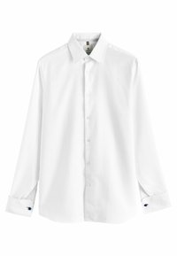 White long-sleeve dress shirt with a classic collar, button front, and blue accent on cuff. Made from smooth fabric with a subtle texture.
