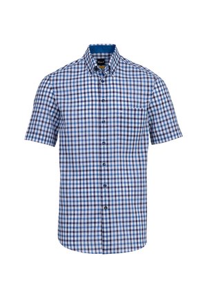 Kurzarm-Hemd mit Knopfleiste in einem blau-weiß karierten Muster, mit Kragen, Tasche und glänzenden Knöpfen. Aus Baumwollmaterial.