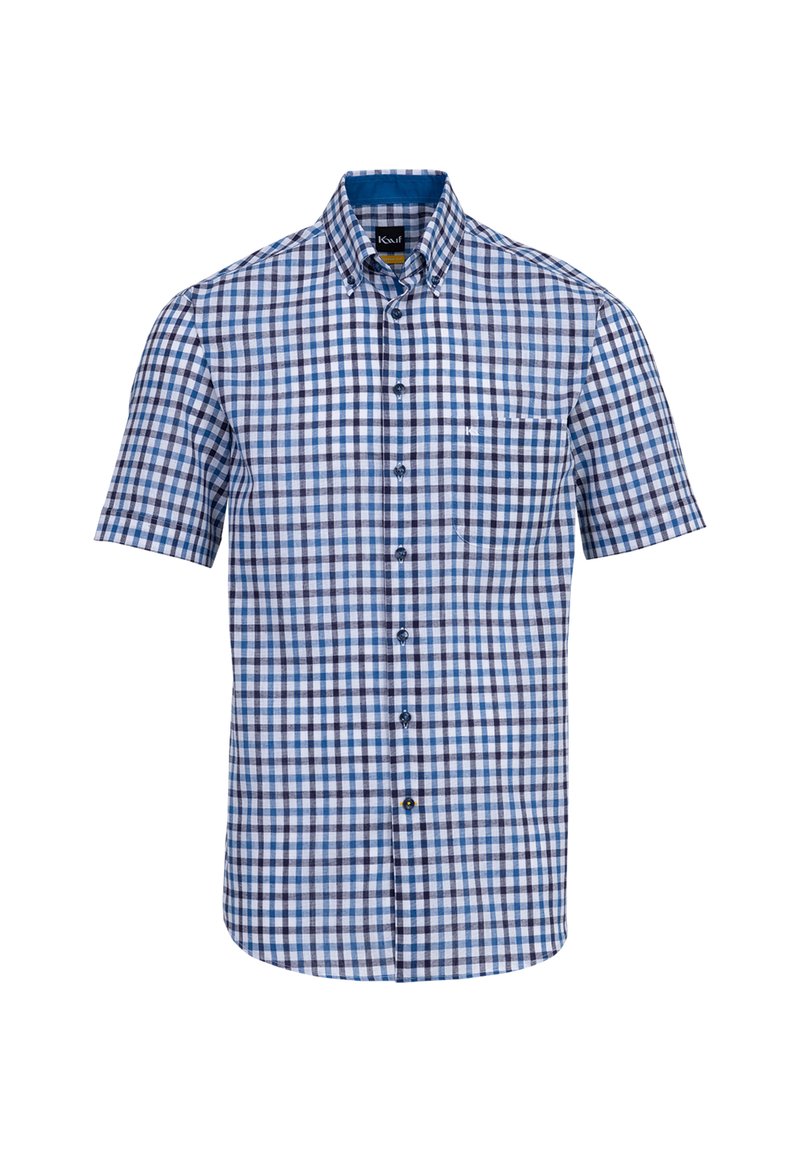 Camicia a maniche corte con bottoni in un motivo a quadri blu e bianchi, caratterizzata da un colletto, tasca e bottoni lucidi. Materiale in cotone.