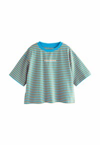 T-shirt à rayures à manches courtes en bleu et orange avec un col rond et "STUDIO RECORDS" imprimé au centre. Matériau en coton doux.
