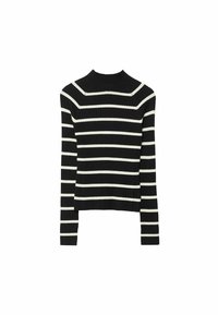 Pull en maille côtelée à rayures noires et blanches, à manches longues, au design ajusté et au col montant. Surface texturée.