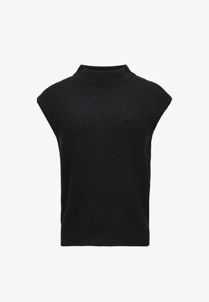 Top senza maniche lavorato a maglia nero con collo alto e design a forma di V. Presenta un tessuto testurizzato e una silhouette aderente.