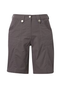 Shorts gris foncé à hauteur des genoux avec poches avant, passants pour ceinture et deux boutons argentés à la taille.