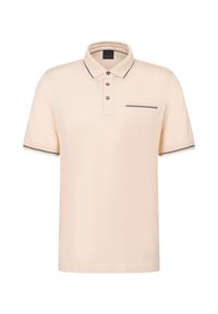 Helles beigefarbenes Polohemd mit kurzen Ärmeln, einer Knopfleiste mit drei Knöpfen, kontrastierender Kragenverzierung und einer kleinen Brusttasche mit dekorativer Naht.