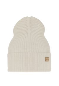 Gebreide muts in zacht crèmekleurig garen. Heeft een geribbelde textuur en een omgeslagen ontwerp. Voorzien van een klein leren logoplaatje aan de zijkant.