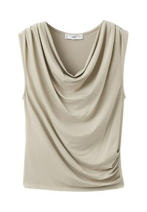 Bluză bej fără mâneci, cu guler drapat cu falduri și ușoară ruching pe marginea din partea dreaptă.