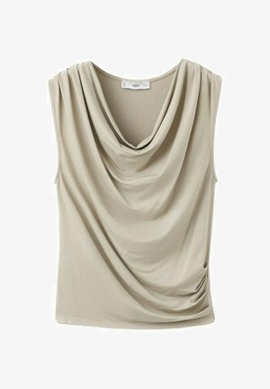 Bluză bej fără mâneci, cu guler drapat cu falduri și ușoară ruching pe marginea din partea dreaptă.