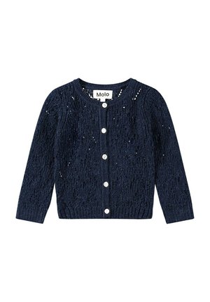 Granatowy dzianinowy sweterek dziewczęcy z długimi rękawami, okrągłym dekoltem, białymi guzikami z przodu oraz metką marki "Molo" wewnątrz kołnierza.