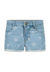 Shorts in denim blu chiaro con ricami di margherite bianche. Presentano orlo sfrangiato e chiusura con bottone frontale. Design a cinque tasche con vita curvata.