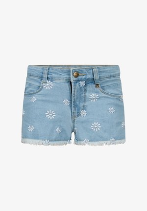 Shorts in denim blu chiaro con ricami di margherite bianche. Presentano orlo sfrangiato e chiusura con bottone frontale. Design a cinque tasche con vita curvata.