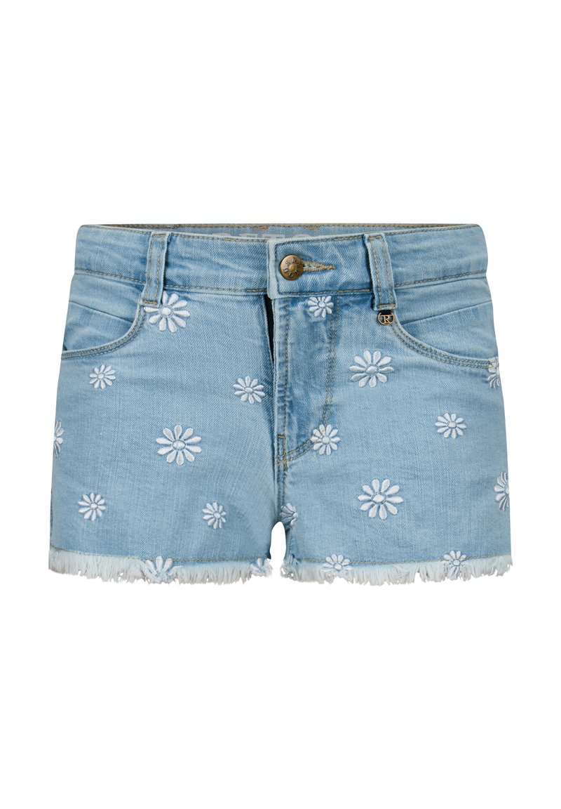 Shorts in denim blu chiaro con ricami di margherite bianche. Presentano orlo sfrangiato e chiusura con bottone frontale. Design a cinque tasche con vita curvata.