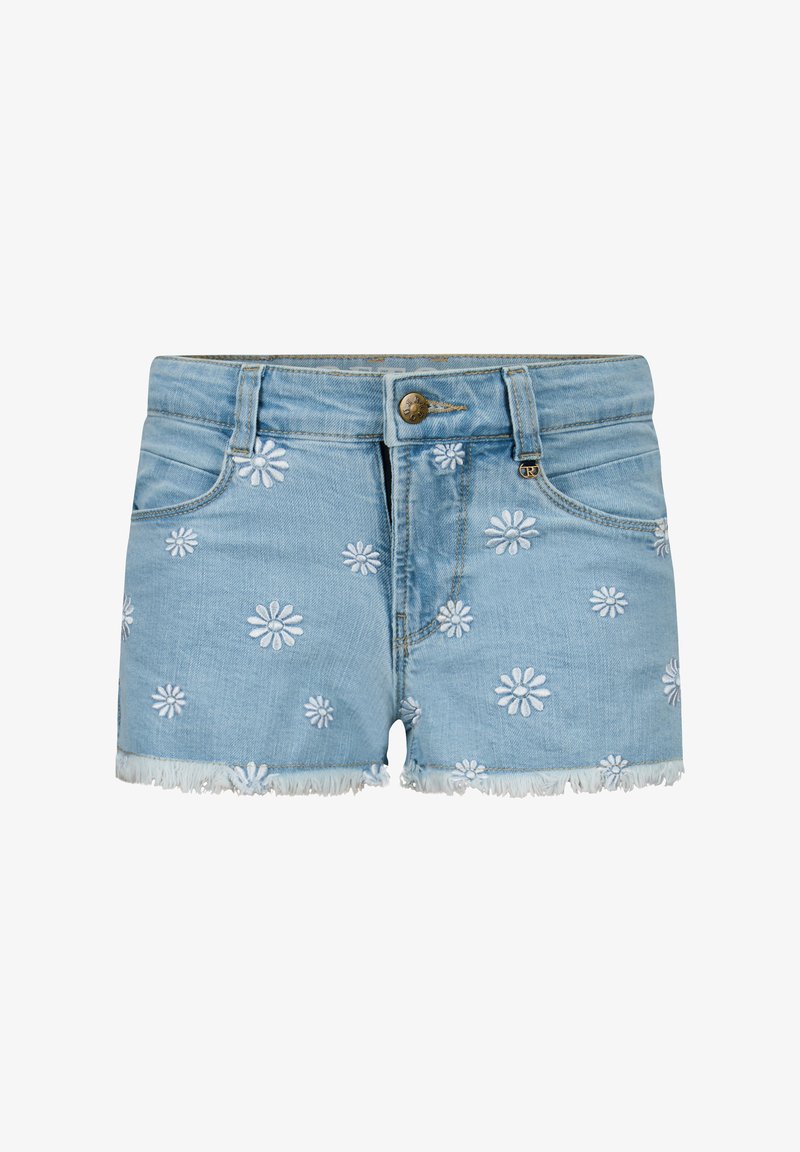 Hellblaue Jeansshorts mit weißer Gänseblümchen-Stickerei. Mit fransigem Saum und vorderem Knopfverschluss. Fünf-Taschen-Design mit gebogenem Taillenbund.
