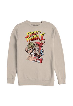 Sweat-shirt beige avec logo coloré de Street Fighter II et cinq personnages animés en train de combattre sur le devant.