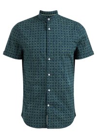 Kortärmad skjorta med knappar i mörk teal med ett geometriskt mönster i ljusgrönt. Har en ståkrage och fem vita knappar framtill.