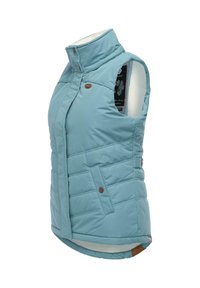 Light blue padded vest with a stand collar, front buttons, and side pockets. Features a smooth texture and quilted pattern.