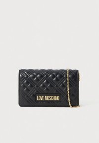 Black quilted faux leather wallet with a gold-tone "LOVE MOSCHINO" logo, chain strap, and rectangular shape. Textured diamond pattern detail.