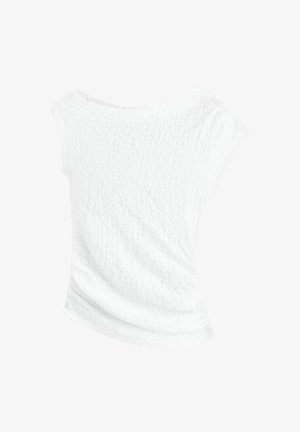 White textured top with an off-the-shoulder design, featuring a slightly wrinkled finish and draped silhouette for a relaxed fit.