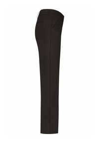 Zwarte broek met rechte pasvorm, voorzien van een ritszak en ceintuurlussen, gemaakt van een gladde stof met minimale textuur.