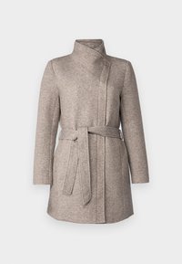 Manteau beige en mélange de laine avec un design enveloppant, un large col et une ceinture assortie en tissu. Comprend des manches longues et un bas arrivant au genou.