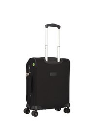 Custodia nera in materiale soft-shell con manico retrattile in alluminio, quattro ruote girevoli e maniglia laterale. Presenta una chiusura con zip e una superficie testurizzata.
