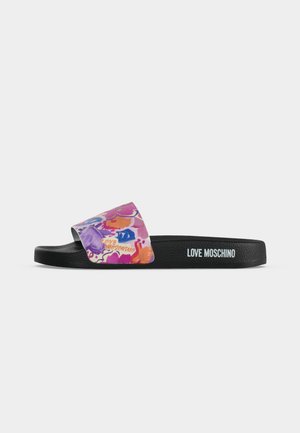 Schwarze Slidesandale mit farbigem Blumenriemen und weißem „LOVE MOSCHINO“-Logo an der Seite der Sohle.