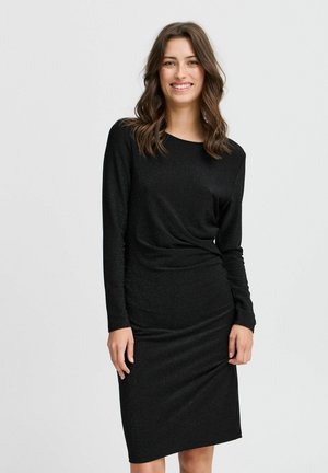 Black, long-sleeve dress made of textured fabric with a subtle shimmer. Features a gathered waist and a fitted silhouette.