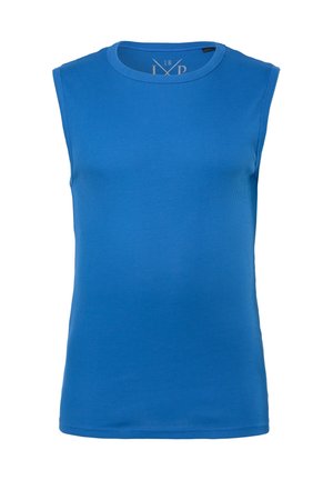 Mouwloze blauwe tanktop van geribbelde stof; ronde halslijn; nauwsluitend ontwerp zonder zichtbare patronen of accenten.