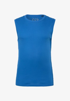 Mouwloze blauwe tanktop van geribbelde stof; ronde halslijn; nauwsluitend ontwerp zonder zichtbare patronen of accenten.
