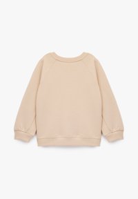 Sudadera beige de manga larga con puños, cuello y dobladillo acanalados, mostrada desde la parte posterior sobre un fondo blanco.