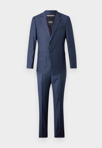 Traje azul marino con una chaqueta ajustada y pantalones de pierna recta. Hecho de un tejido texturizado con un sutil patrón de cuadros y dos botones en el frente.