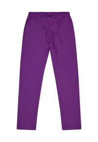 Paarse legging gemaakt van zachte, rekbare stof, met een elastische tailleband en een gladde textuur zonder extra versieringen.