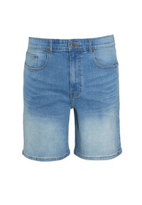 Jeansshorts in Hellblau mit verblasster Textur, klassischem Fünf-Taschen-Design und Knopfverschluss an der Taille.