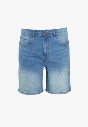 Shorts di denim in azzurro chiaro con una texture sbiadita, design classico a cinque tasche e chiusura con bottone in vita.