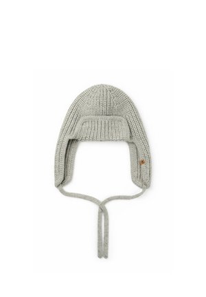Light gray knitted winter hat with ear flaps and ties, designed for warmth and secure fit.