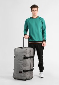Stort grå stofkuffert med sorte stropper, et teleskophåndtag og logodetalje. Mand i en teal sweatshirt står ved siden af den.