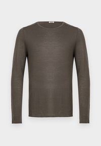 Long-sleeve shirt in dark brown, made of lightweight fabric. Features a round neckline and a smooth texture, with no visible patterns or hardware.