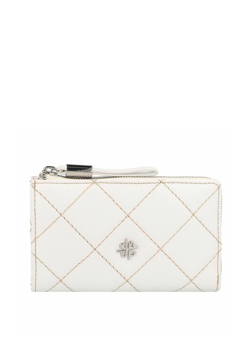 Portafoglio bianco in pelle con un motivo trapuntato, cuciture beige, hardware argentato e chiusura a zip con tracolla.