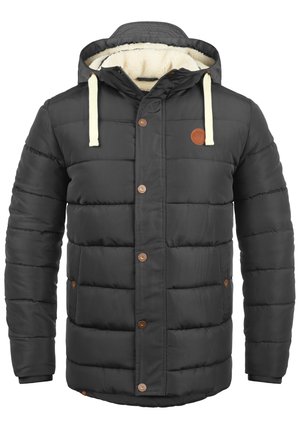 Black padded jacket with a hood, featuring beige drawstrings, brown button accents, and a soft, cream-colored inner lining.