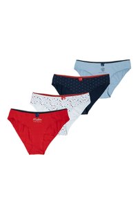 Set van vier damesonderbroeken: rood, lichtblauw, marineblauw met stippen en een bloemenpatroon. Katoenmengsel, middelhoge pasvorm, rekbare tailleband.