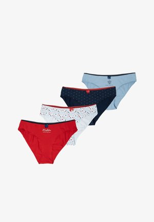 Set van vier damesonderbroeken: rood, lichtblauw, marineblauw met stippen en een bloemenpatroon. Katoenmengsel, middelhoge pasvorm, rekbare tailleband.